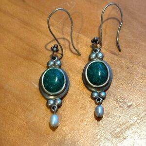 Silver (925) green stone and pearl dangle drop earrings.